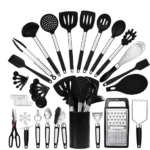 Silicone Kitchen Utensils Set with Holder 446℉ Heat Resistant,BPA Free Cooking Utensils Set, Silicone Utensil Set Includes Can Opener, Potato Smasher,Peeler,Tongs,Spatula Set,Pizza Cutter