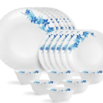 Opalware Dazzle Series Blue Swirl Dinner Set, 18 Units | Opal Glass Dinner Set for 6 | Light-Weight, Daily Use Crockery Set for Dining | White Plate and Bowl Set