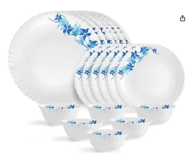 image10-2.png Opalware Dazzle Series Blue Swirl Dinner Set, 18 Units | Opal Glass Dinner Set for 6 | Light-Weight, Daily Use Crockery Set for Dining | White Plate and Bowl Set - Image 1