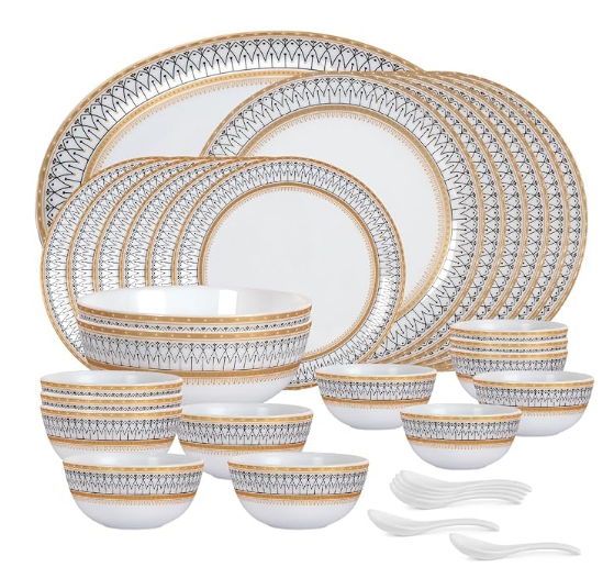 image12-2.png Opalware Divine Series Elinor Dinner Set, 33 Units | Opal Glass Dinner Set for 6 | Crockery Set for Festive Ocassions, Parties | White Plate and Bowl Set - Image 1