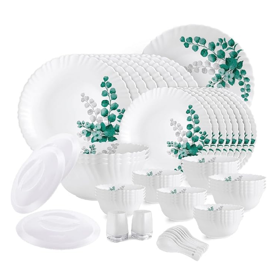 image17-2.png Opalware Dazzle Series Aqua Leaves Dinner Set, 57Pcs | Opal Glass Dinner Set for 8 | Light-Weight, Daily Use Crockery Set for Dining | White Plate and Bowl Set - Image 1
