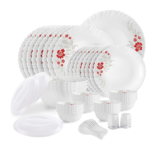 Opalware Dazzle Series Scarlet Bliss Dinner Set, 49 Units | Opal Glass Dinner Set for 8 | Light-Weight, Daily Use Crockery Set for Dining | White Plate and Bowl Set
