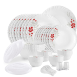 Opalware Dazzle Series Scarlet Bliss Dinner Set, 49 Units | Opal Glass Dinner Set for 8 | Light-Weight, Daily Use Crockery Set for Dining | White Plate and Bowl Set