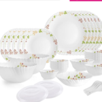 Opalware Dazzle Series Secret Garden Dinner Set, 35 Units | Opal Glass Dinner Set for 6 | Light-Weight, Daily Use Crockery Set for Dining | White Plate and Multipurpose Bowl Set
