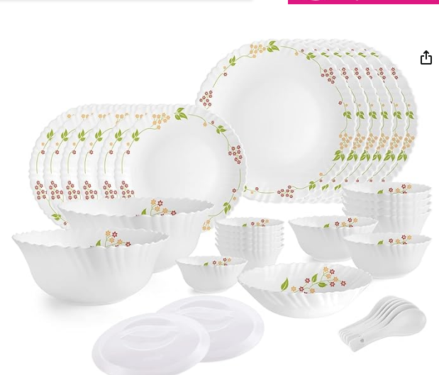 image20-2.png Opalware Dazzle Series Secret Garden Dinner Set, 35 Units | Opal Glass Dinner Set for 6 | Light-Weight, Daily Use Crockery Set for Dining | White Plate and Multipurpose Bowl Set - Image 1