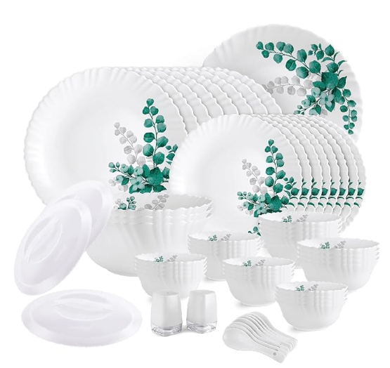 image23-2.png Opalware Dazzle Series Aqua Leaves Dinner Set, 57Pcs | Opal Glass Dinner Set for 8 | Light-Weight, Daily Use Crockery Set for Dining | White Plate and Bowl Set - Image 1