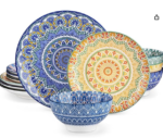12 Pieces Dinnerware Sets, Porcelain Dinner Set for 4, Boho Plates and Bowls Set, Colorful Dish Sets