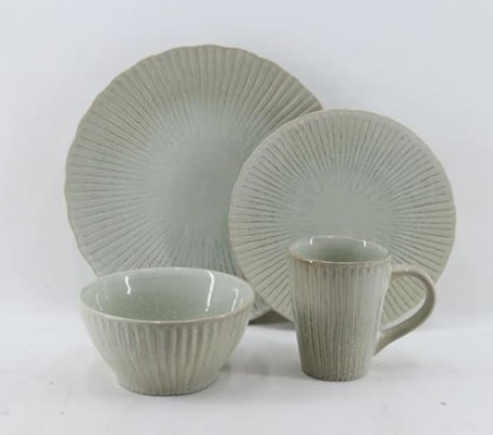 image29-1.png Stoneware Dinner Set for 4 People - 16 Piece Reactive Glaze Stoneware. Ruffled Edge. Microwave and Dishwasher Safe - Pale Green - Image 1