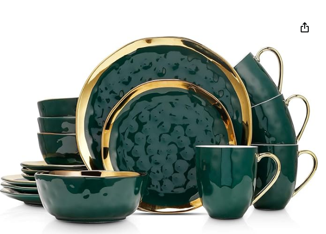 image33-1.png Lain Porcelain 16 Piece Dinnerware Set, Service for 4, Green and Golden Rim - Image 1