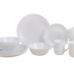 16 piece set of white glass tableware:
(4 plates/4 soup bowls/4 coffee cups/4 cup plates)
Material: White Glass