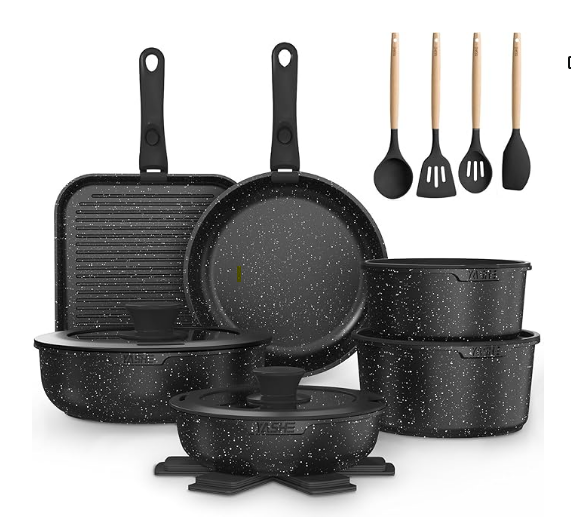 image42.png 20 Piece Pots and Pans Set, Bakeware and Cookware Set, Induction Hob Pots Set w/Lids, Non Stick Set, Heat Safe Silicone Handles, Saucepan, Frying Pans, Muffin Tin, Cookie Tray, Utensil-Gold - Image 1