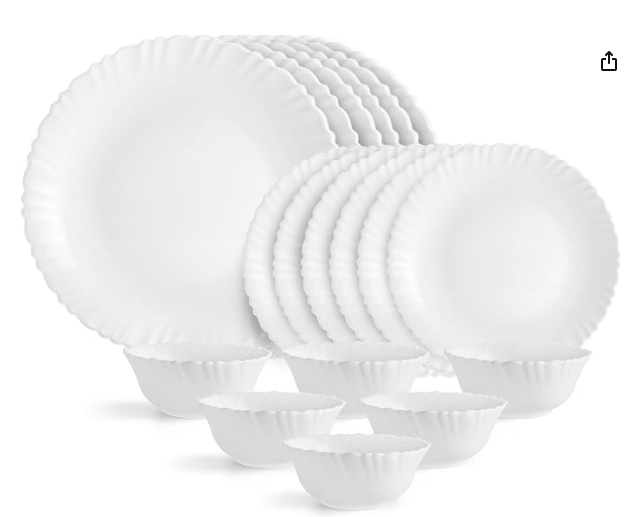 image5-1.png Opalware Dazzle Series Plain Dinner Set, 18 Units | Opal Glass Dinner Set for 6 | Light-Weight, Daily Use Crockery Set for Dining | White Plate and Bowl Set - Image 1
